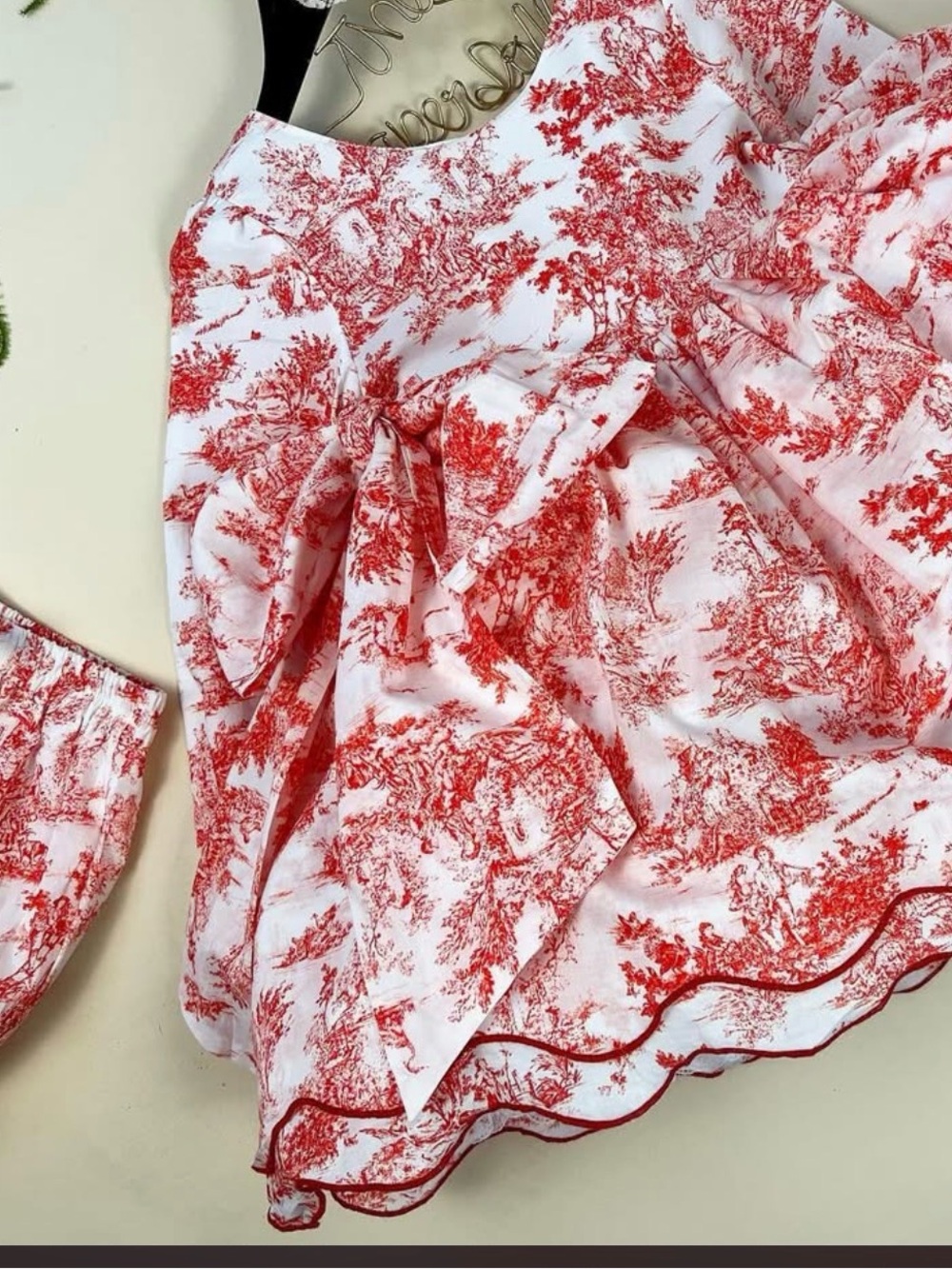 Red Toile Print Girls' Formal Dress with Bow - Picture 1 of 9